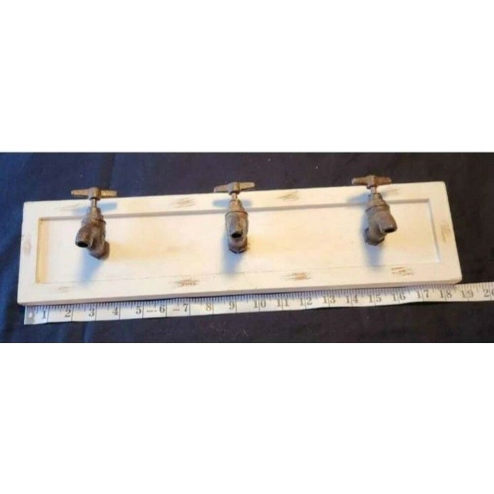 Steampunk Rustic Wood Wall Rack with Metal Water Spigot Hooks 19 in x 5 in